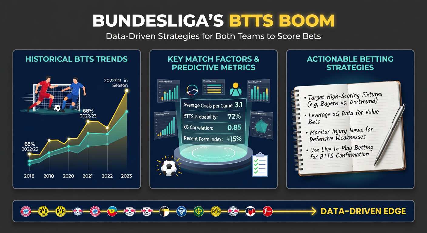 Data visualization chart displaying Bundesliga BTTS percentages by season, with bars rising sharply from 2020 onward