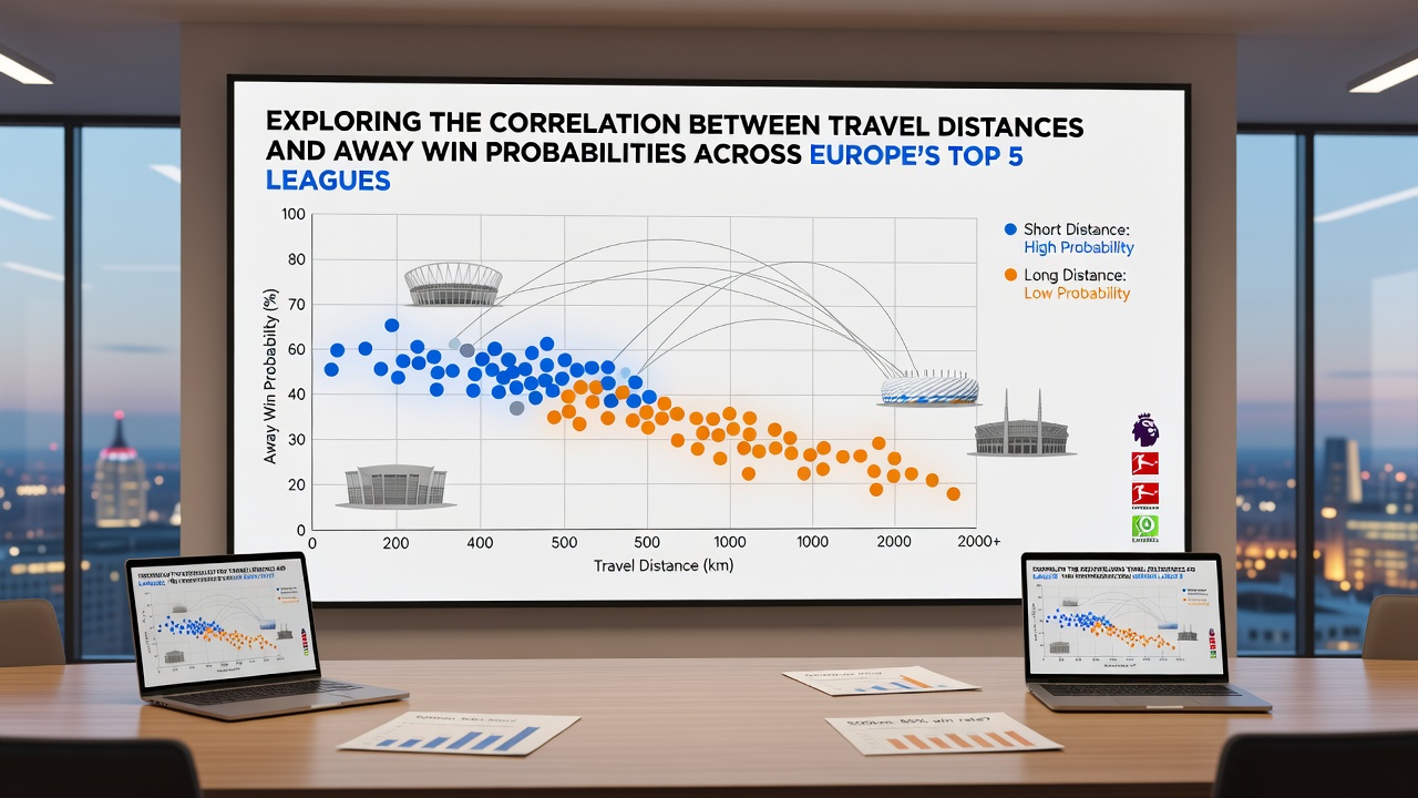 Map illustrating travel routes between major clubs in Europe's top divisions alongside away performance statistics
