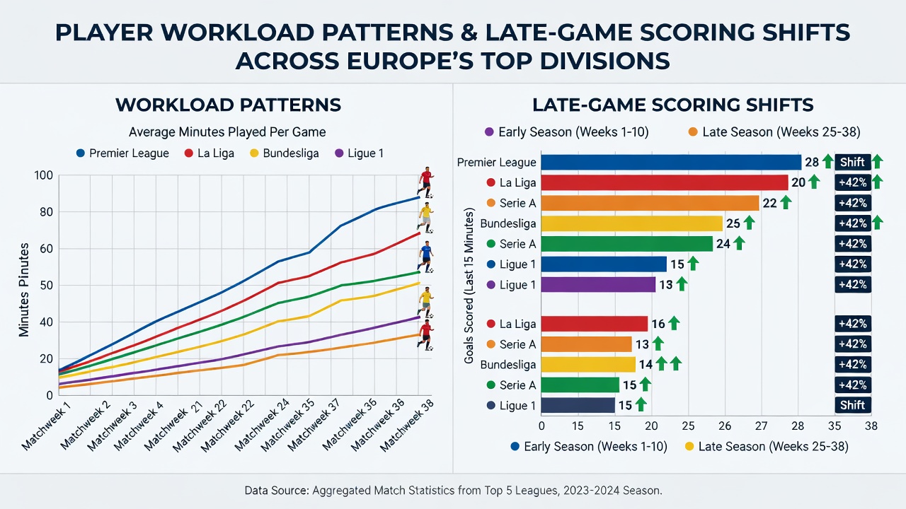 Chart illustrating late-game goal distribution and substitution timing in Europe's elite divisions