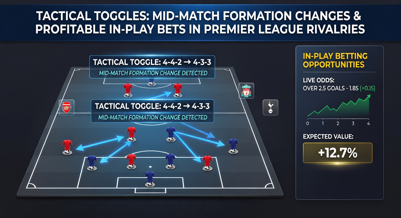Close-up of a tactical board showing a formation switch from 4-3-3 to 3-5-2 during a Premier League rivalry match, with overlaid betting odds fluctuating