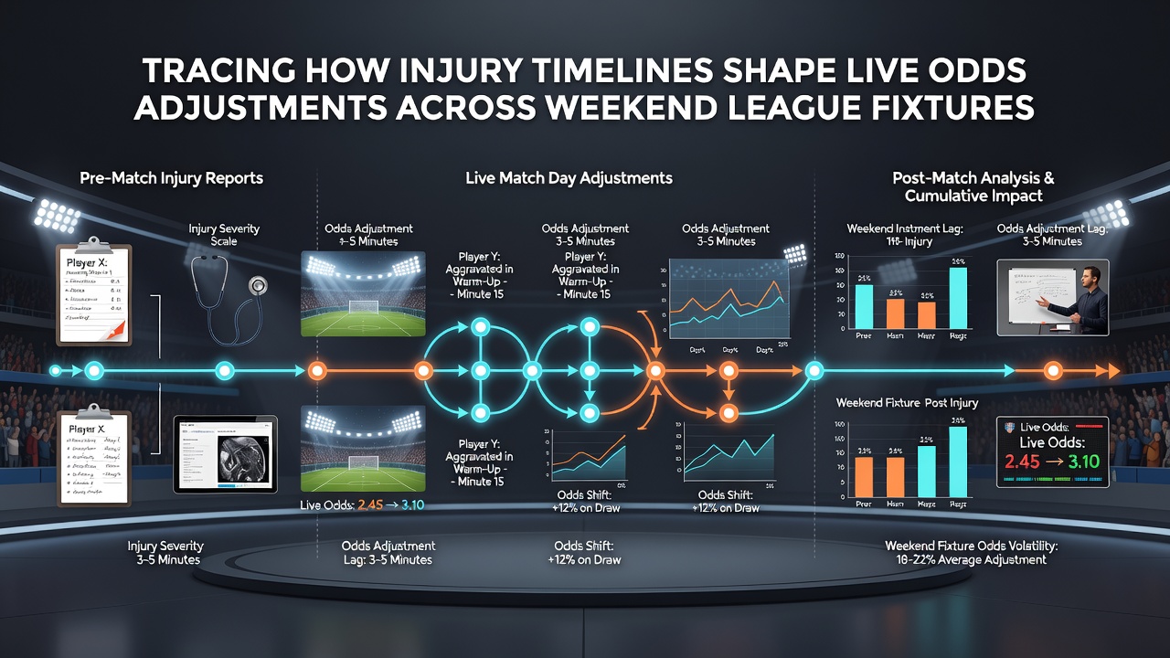 Bookmaker trading desk monitor showing live odds movements alongside injury update timestamps during a Premier League weekend fixture