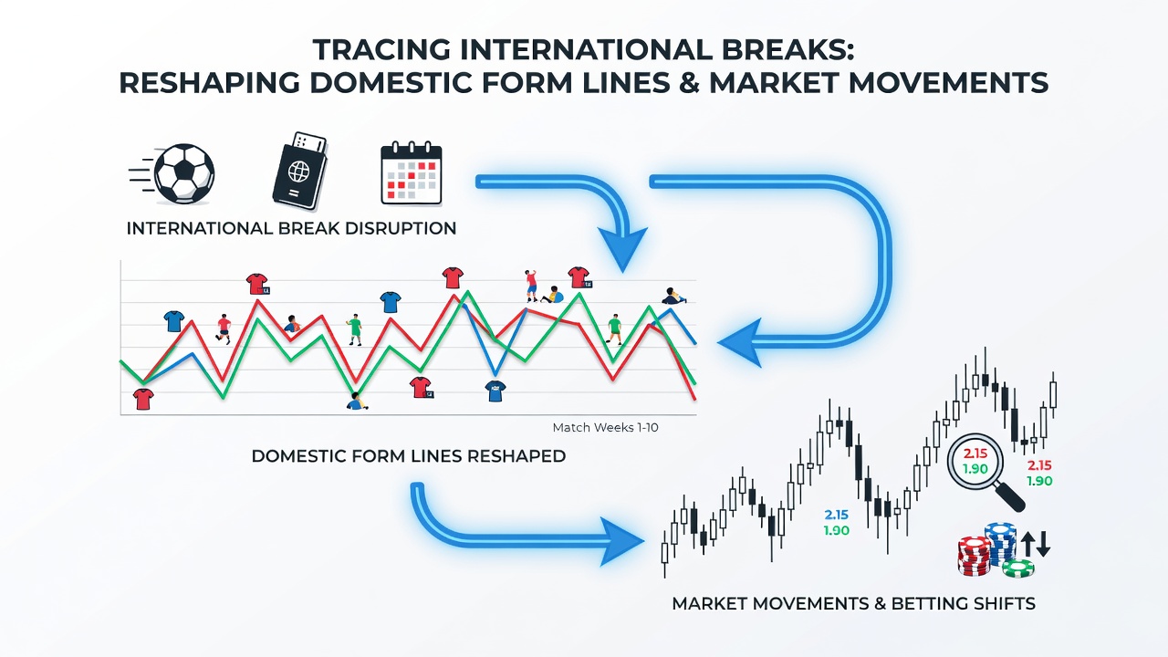 Betting market graphs and football pitch overlay illustrating form line changes after international breaks